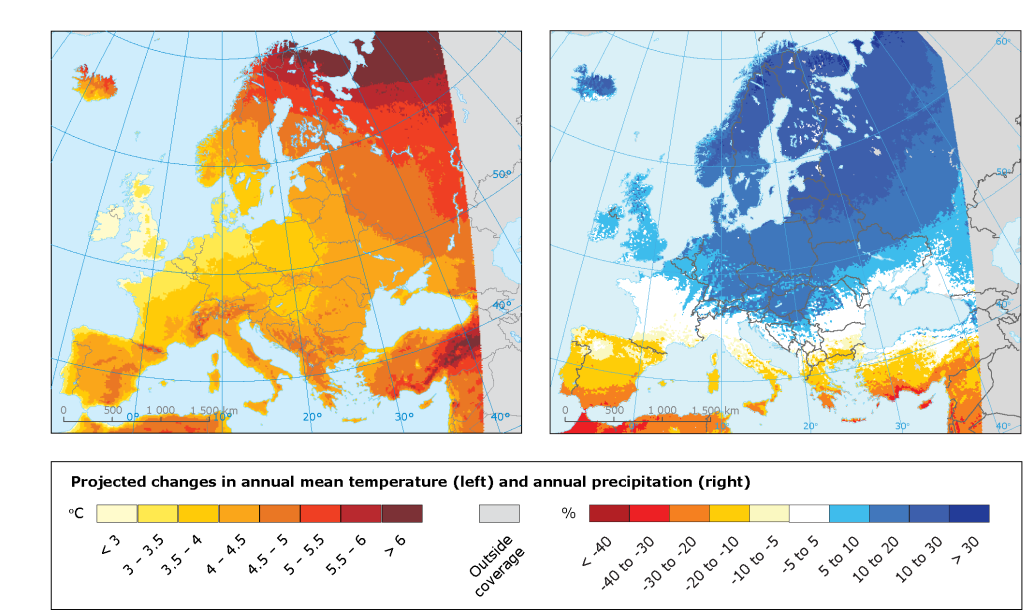 Projected changes in annual mean temperature and annual precipitation