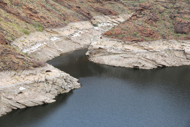 Low level water in drinking water reservoir in Gran Canaria, Spain